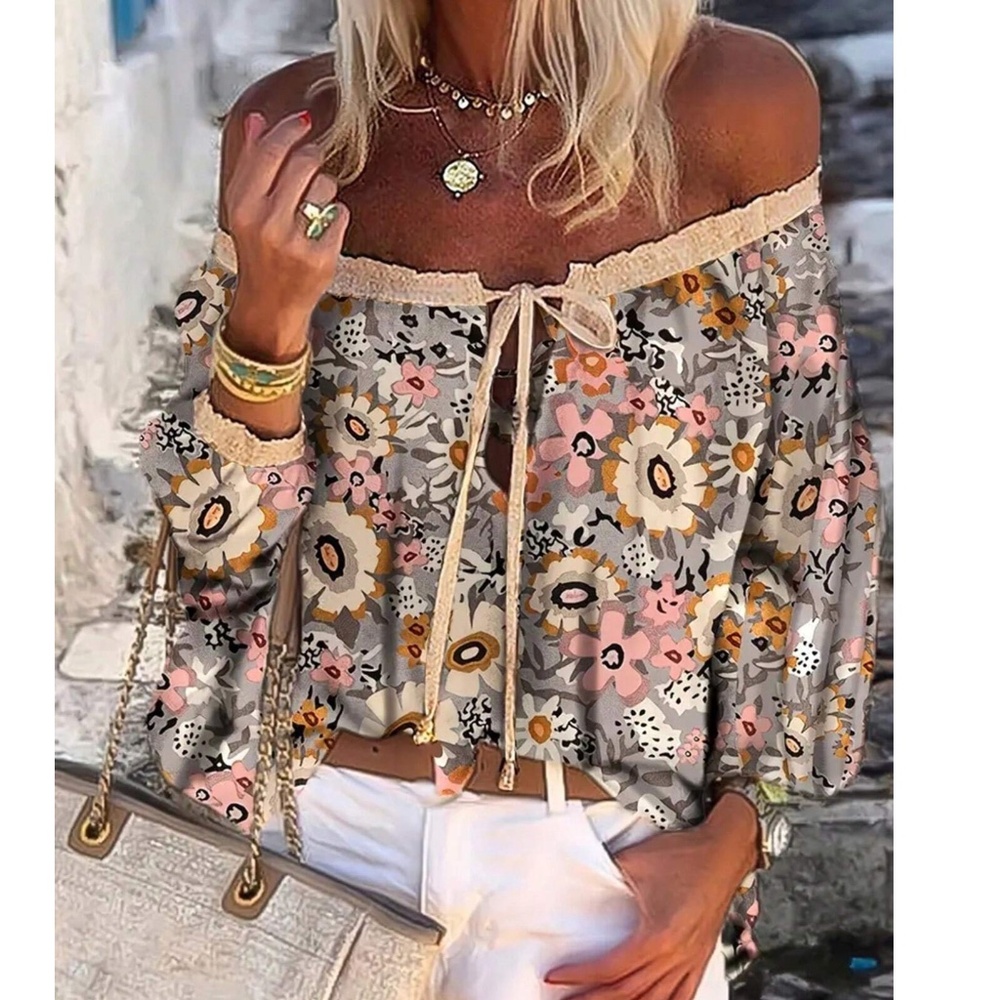 Boho Floral Print Off Shoulder Loose Fit Blouse - Picture 1 of 5